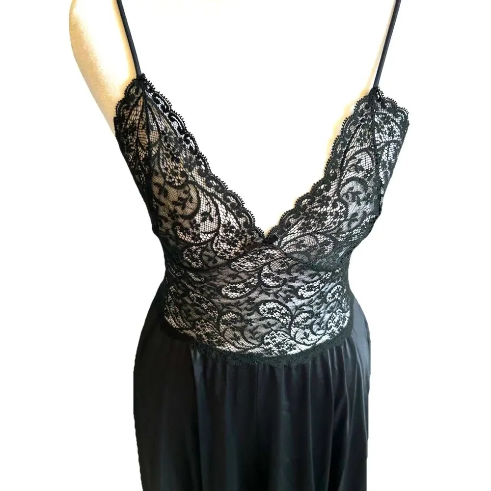 VTG 70s Nightgown Black Lace Bodice Long Maxi Glam Whimsygoth Romantic Flowy USA